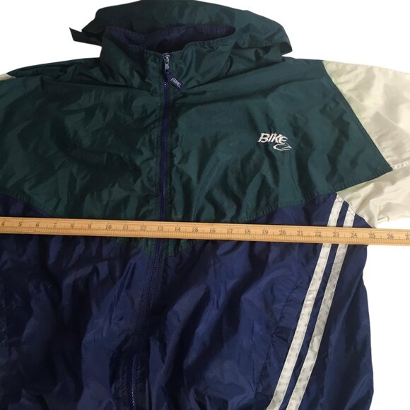 Bike Athletic Jacket Mens Large Green Navy Colorblock Windbreaker Stowaway Hood - Picture 10 of 15